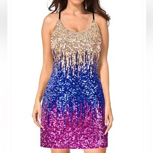 Manner Allover colorful Sequin Adjustable Spaghetti Strap Party Dress sz M